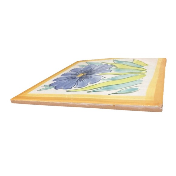 Italian Hand  Painted tile/trivet Made in Italy Vitage Blue Green Flower glazed - Picture 4 of 16